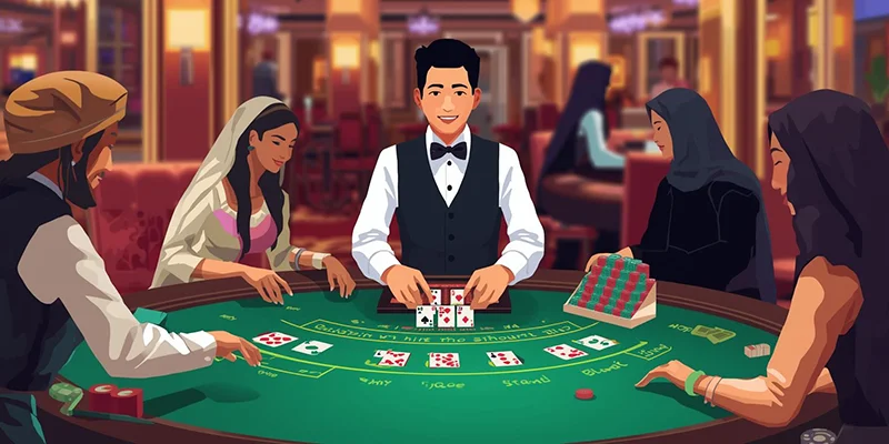 Bàn Blackjack minh họa thuật ngữ Hit và Stand