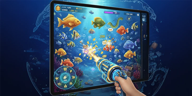 Giao diện bắn cá đổi thưởng với đàn cá và súng ảo