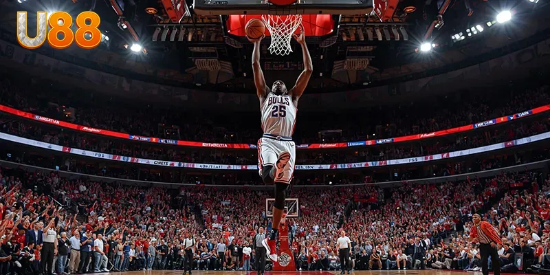 Cầu thủ úp rổ trong trận đấu NBA sôi động