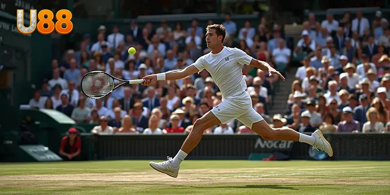 Tay vợt thực hiện smash trên sân Wimbledon